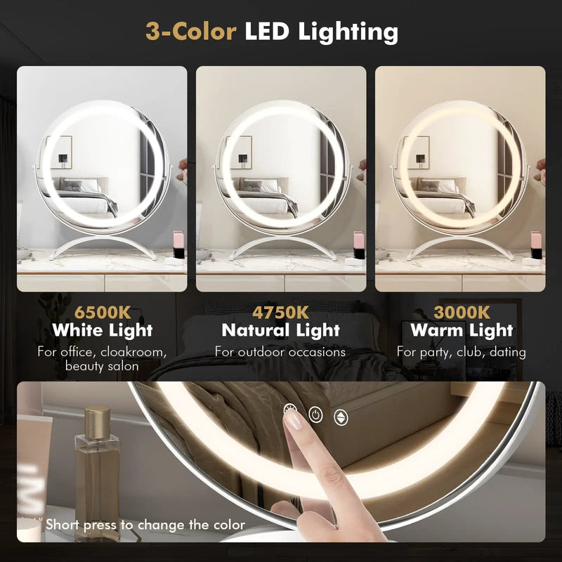 16 x 16 Inch Round LED Vanity Mirror with 3-Color Lighting and Brightness Dimming by DirectDeals