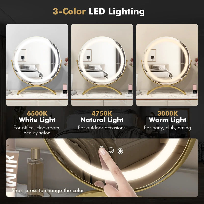 16 x 16 Inch Round LED Vanity Mirror with 3-Color Lighting and Brightness Dimming by DirectDeals