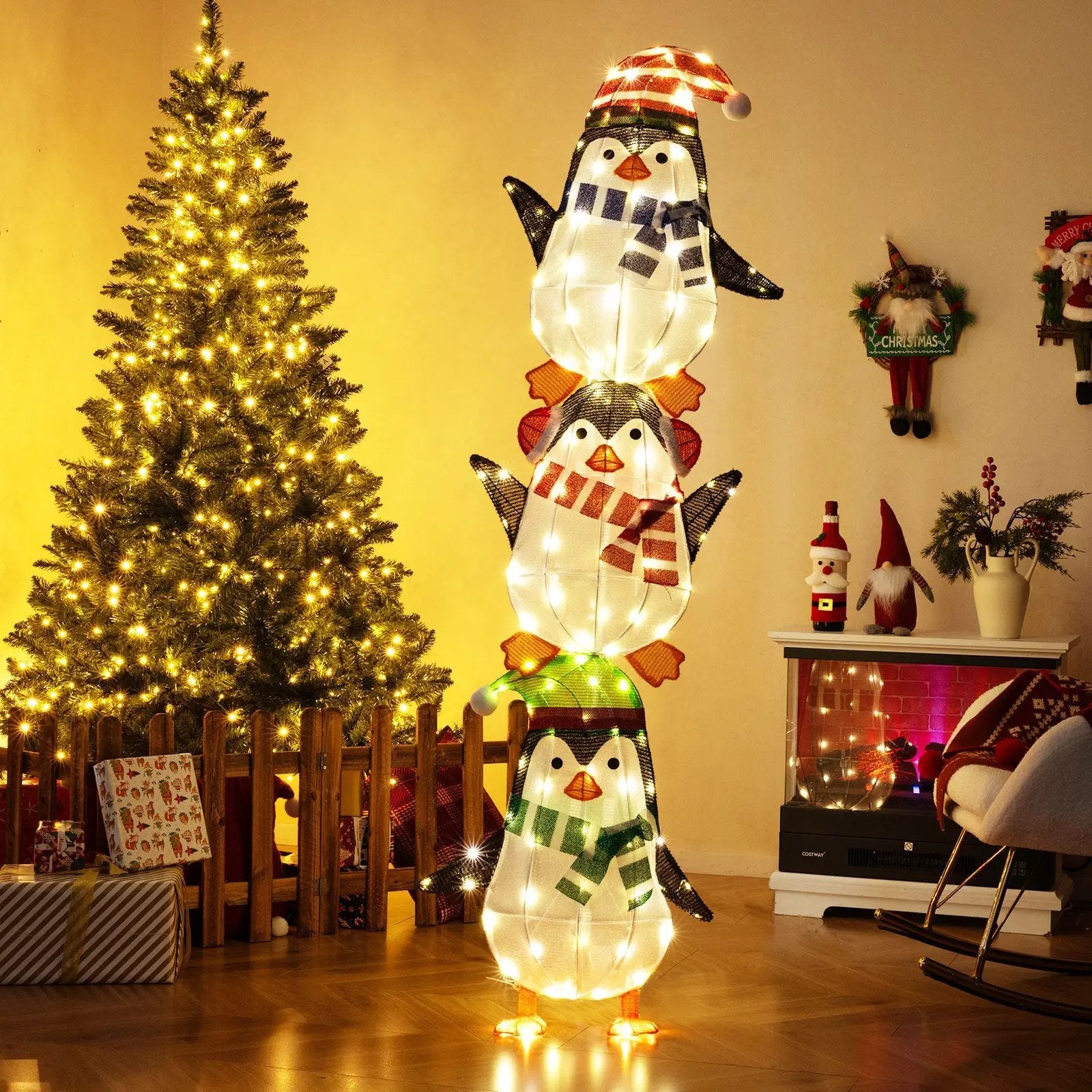 Lighted Penguins Decoration with Warm White Lights and Cute Hats by DirectDeals