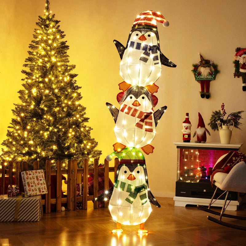 Lighted Penguins Decoration with Warm White Lights and Cute Hats by DirectDeals