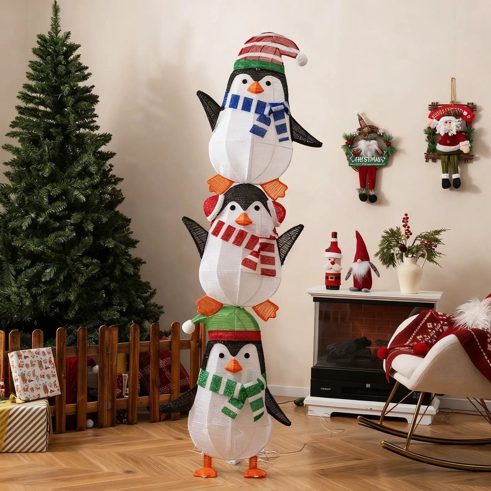 Lighted Penguins Decoration with Warm White Lights and Cute Hats by DirectDeals