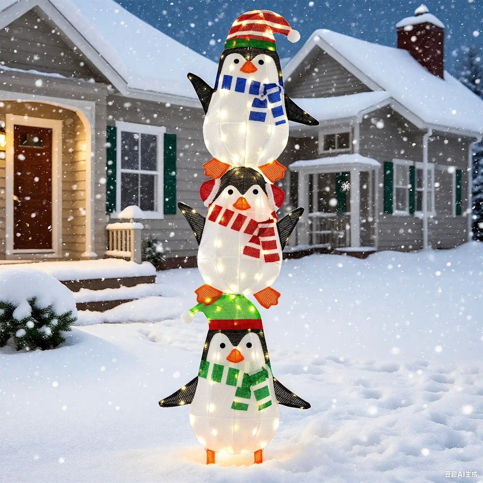 Lighted Penguins Decoration with Warm White Lights and Cute Hats by DirectDeals