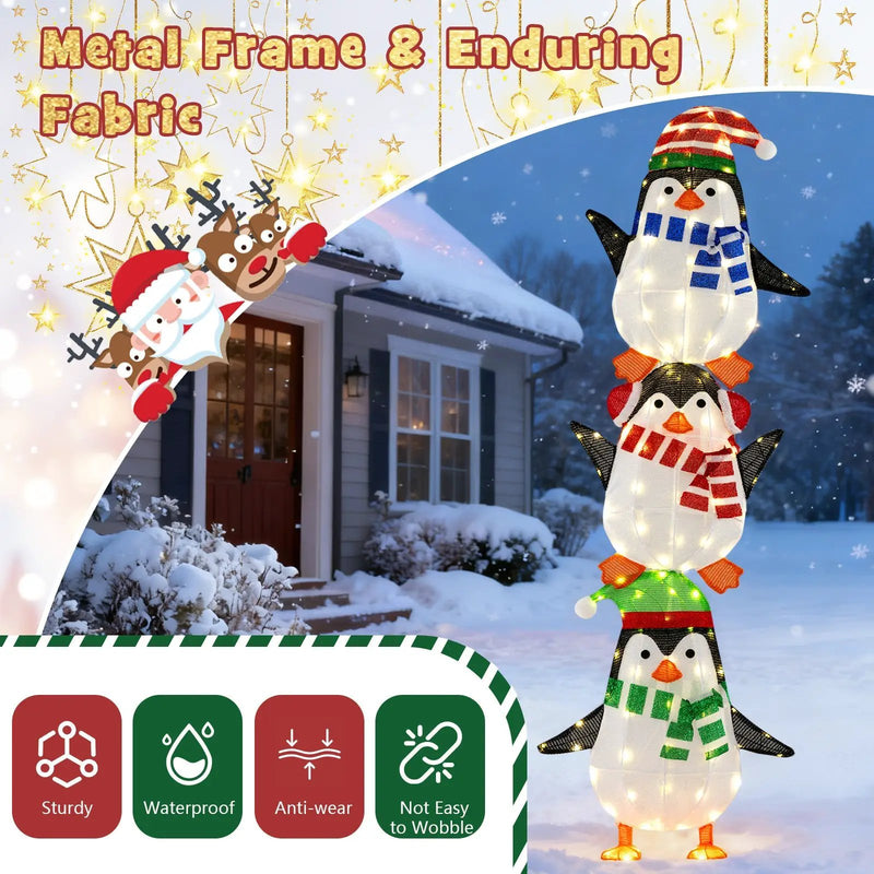 Lighted Penguins Decoration with Warm White Lights and Cute Hats by DirectDeals