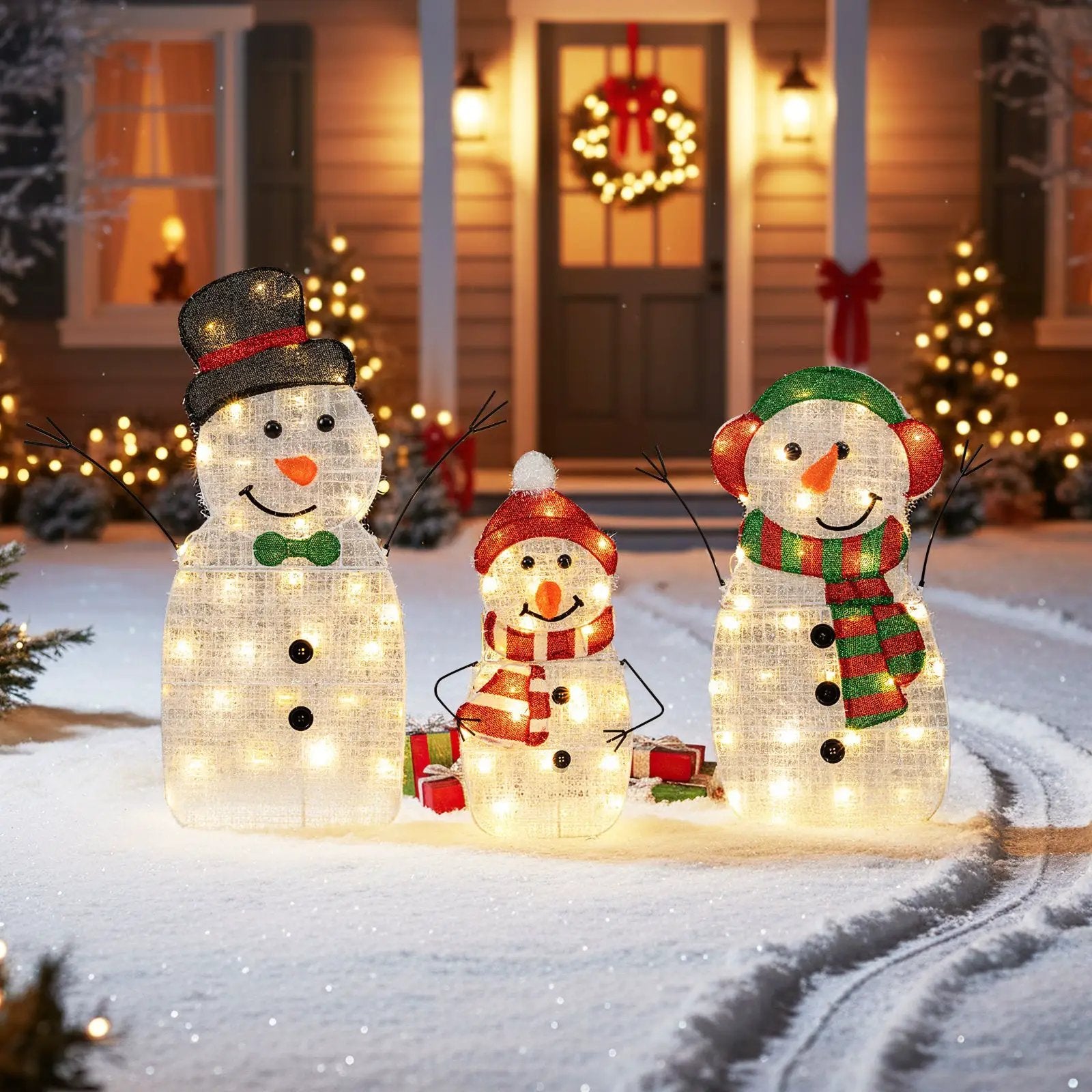 Lighted Snowman Family Christmas Decoration 3-Piece Pre-Lit 2D Snowman Set by DirectDeals