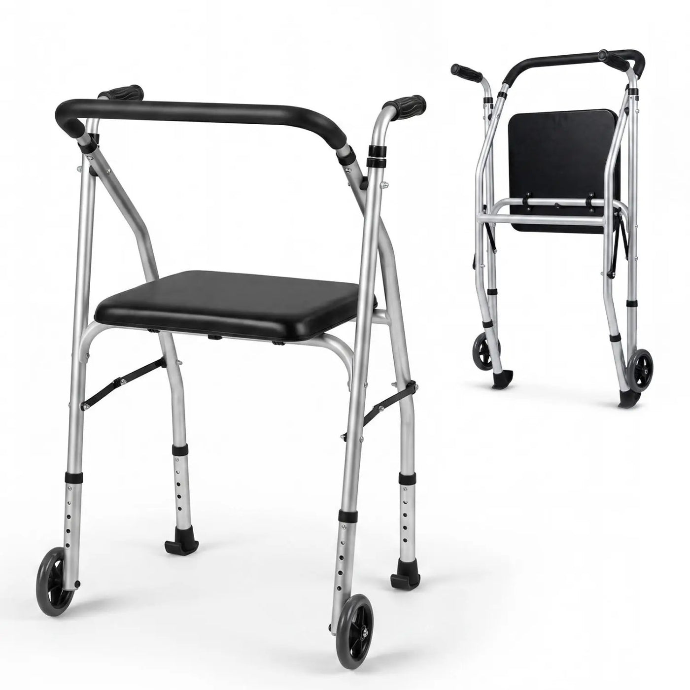 Lightweight Aluminum Mobility Walker for Seniors with 2 Wheels 5-Level Adjustable Height and Padded Seat by DirectDeals