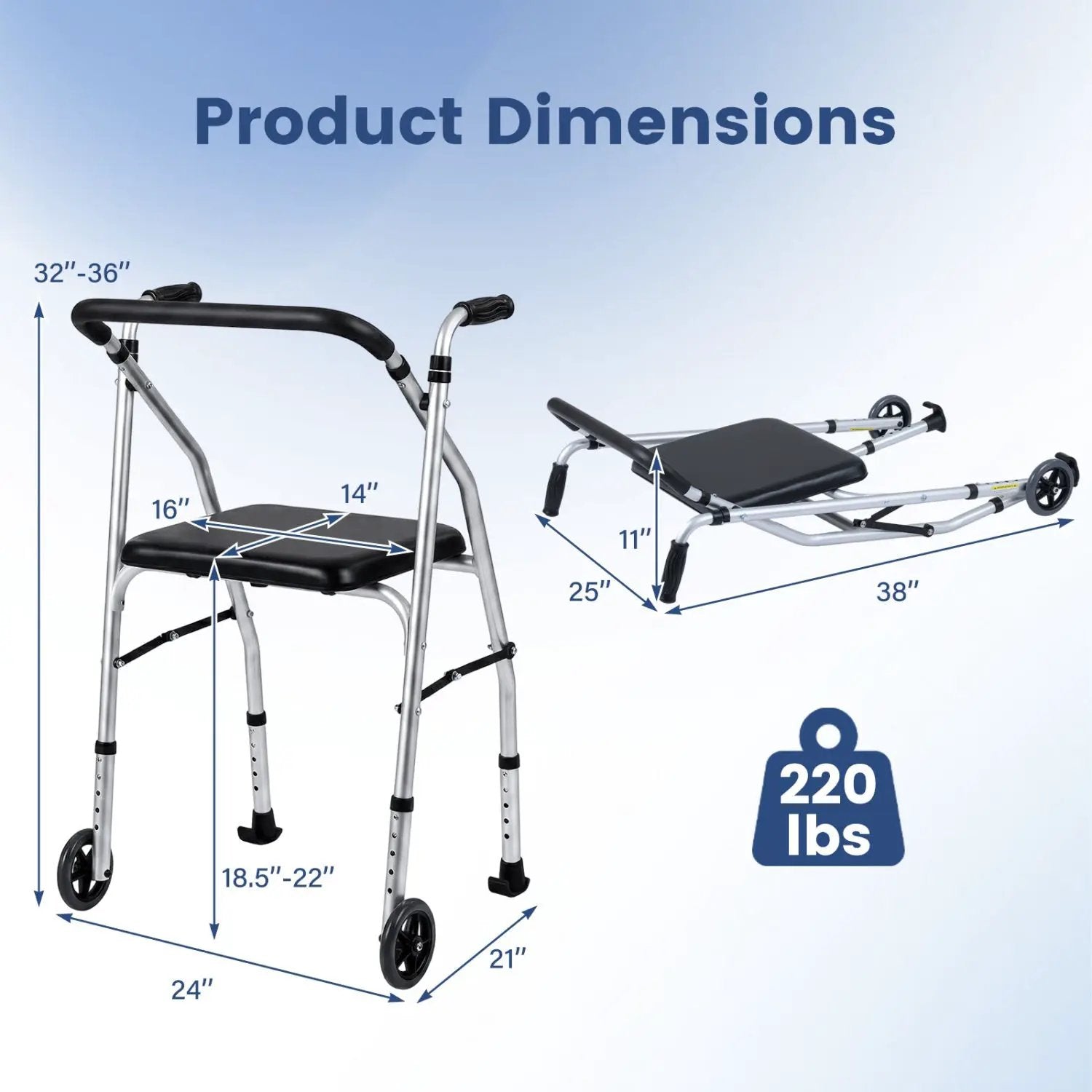 Lightweight Aluminum Mobility Walker for Seniors with 2 Wheels 5-Level Adjustable Height and Padded Seat by DirectDeals