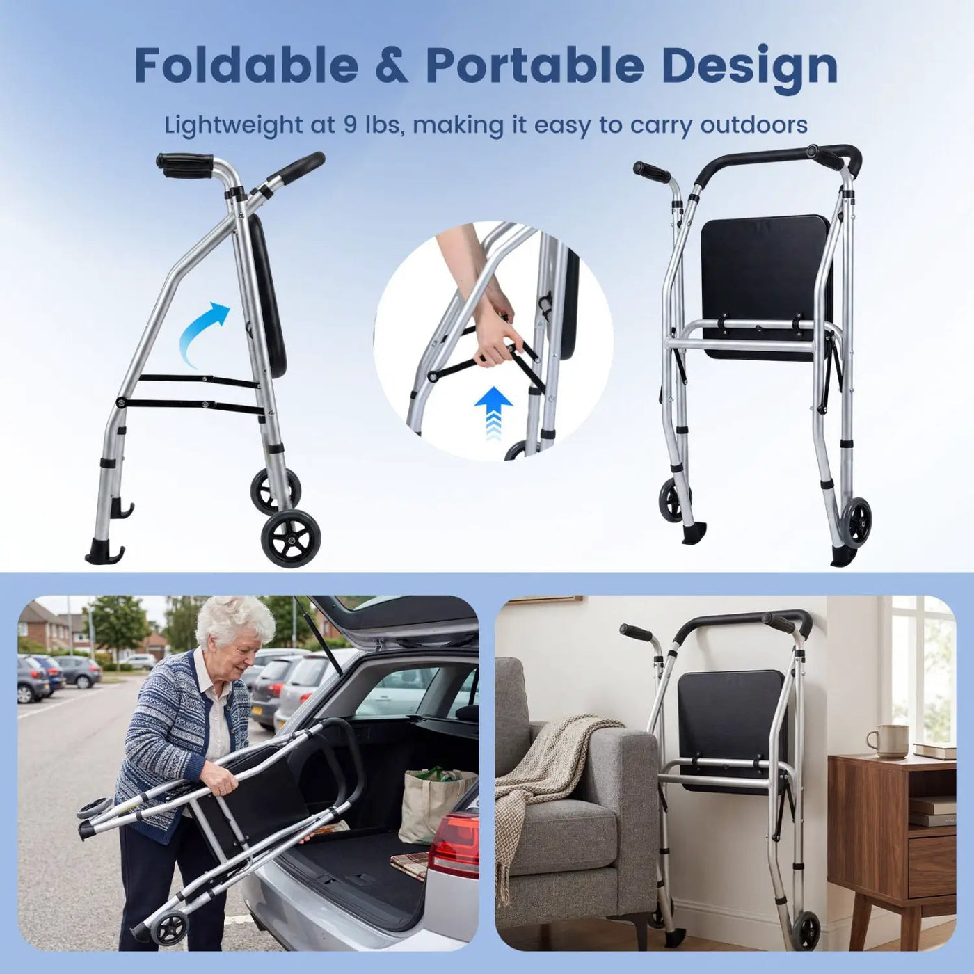 Lightweight Aluminum Mobility Walker for Seniors with 2 Wheels 5-Level Adjustable Height and Padded Seat by DirectDeals