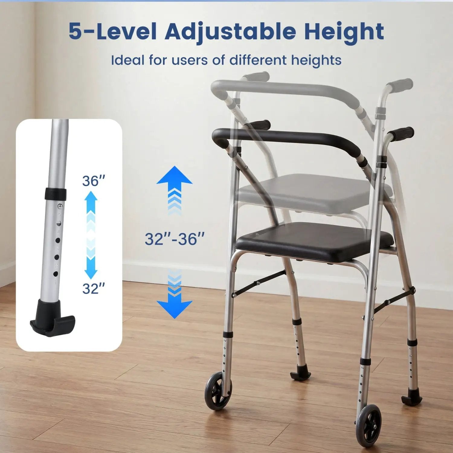 Lightweight Aluminum Mobility Walker for Seniors with 2 Wheels 5-Level Adjustable Height and Padded Seat by DirectDeals