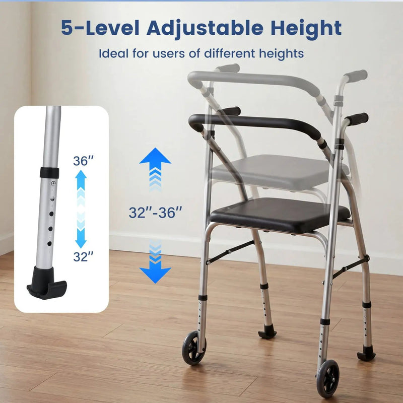 Lightweight Aluminum Mobility Walker for Seniors with 2 Wheels 5-Level Adjustable Height and Padded Seat by DirectDeals