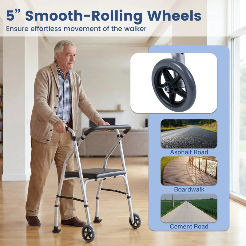 Lightweight Aluminum Mobility Walker for Seniors with 2 Wheels 5-Level Adjustable Height and Padded Seat by DirectDeals