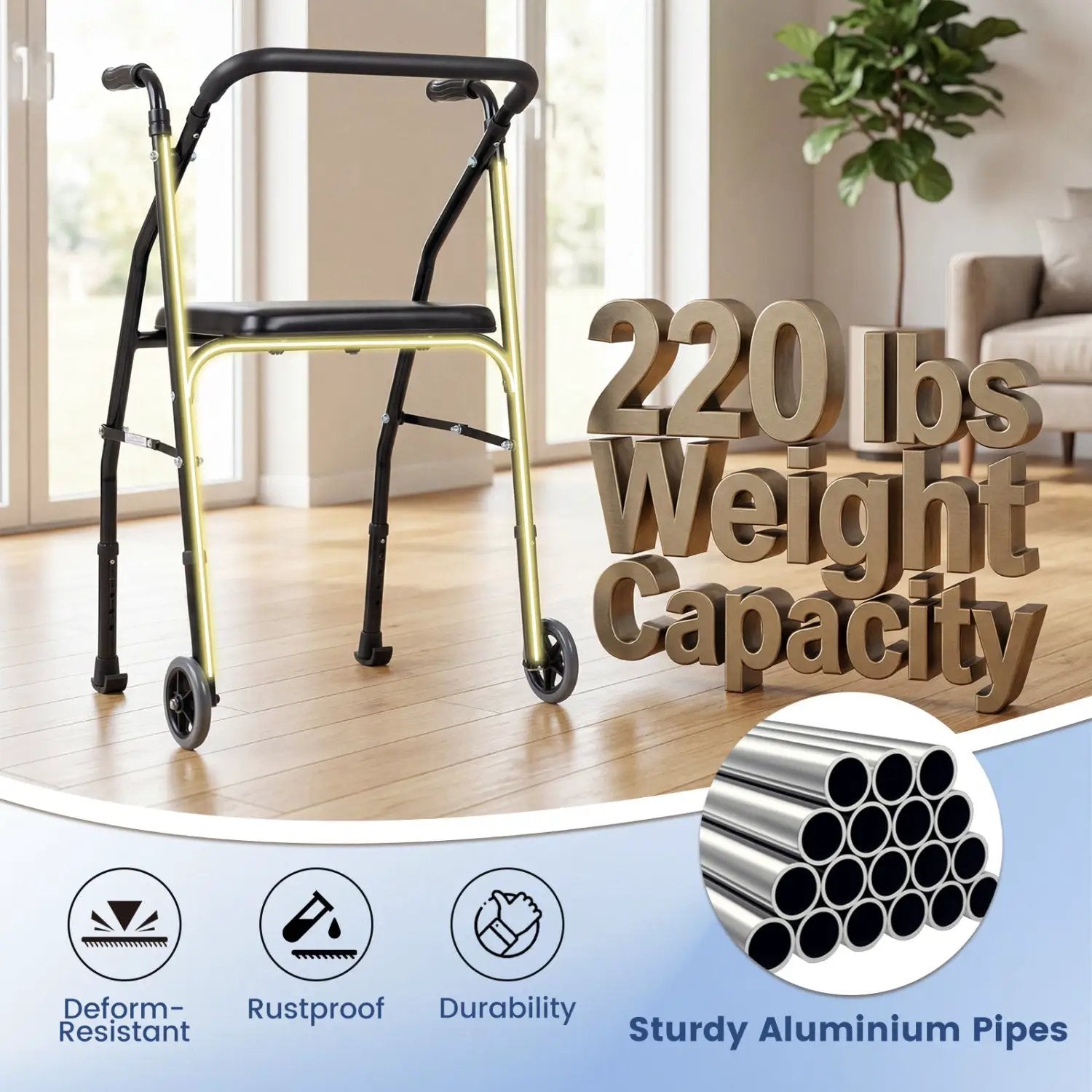 Lightweight Aluminum Mobility Walker for Seniors with 2 Wheels 5-Level Adjustable Height and Padded Seat by DirectDeals