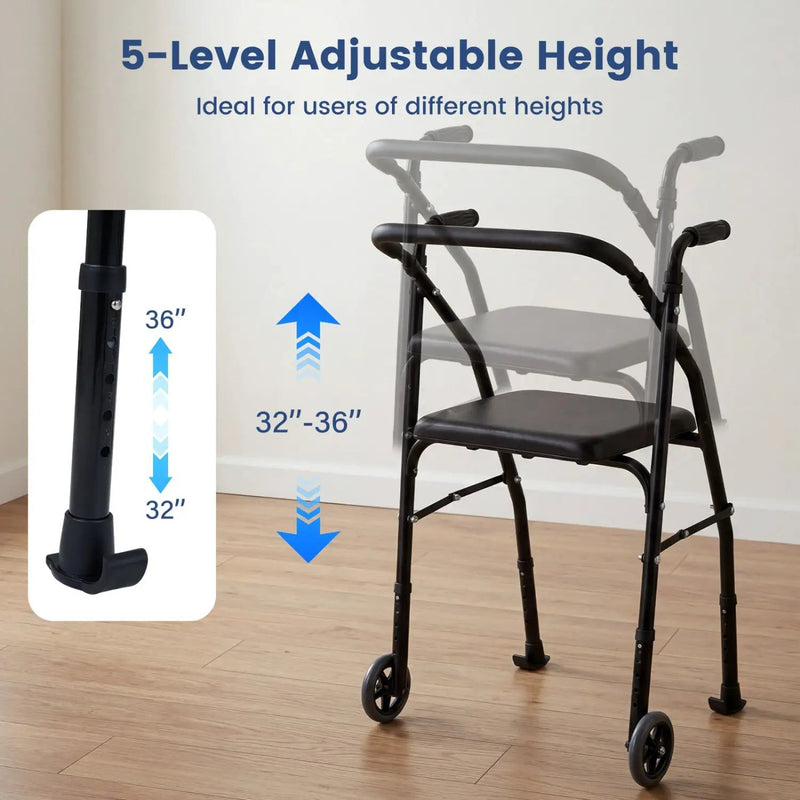 Lightweight Aluminum Mobility Walker for Seniors with 2 Wheels 5-Level Adjustable Height and Padded Seat by DirectDeals