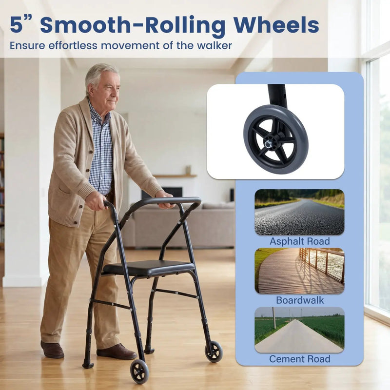 Lightweight Aluminum Mobility Walker for Seniors with 2 Wheels 5-Level Adjustable Height and Padded Seat by DirectDeals