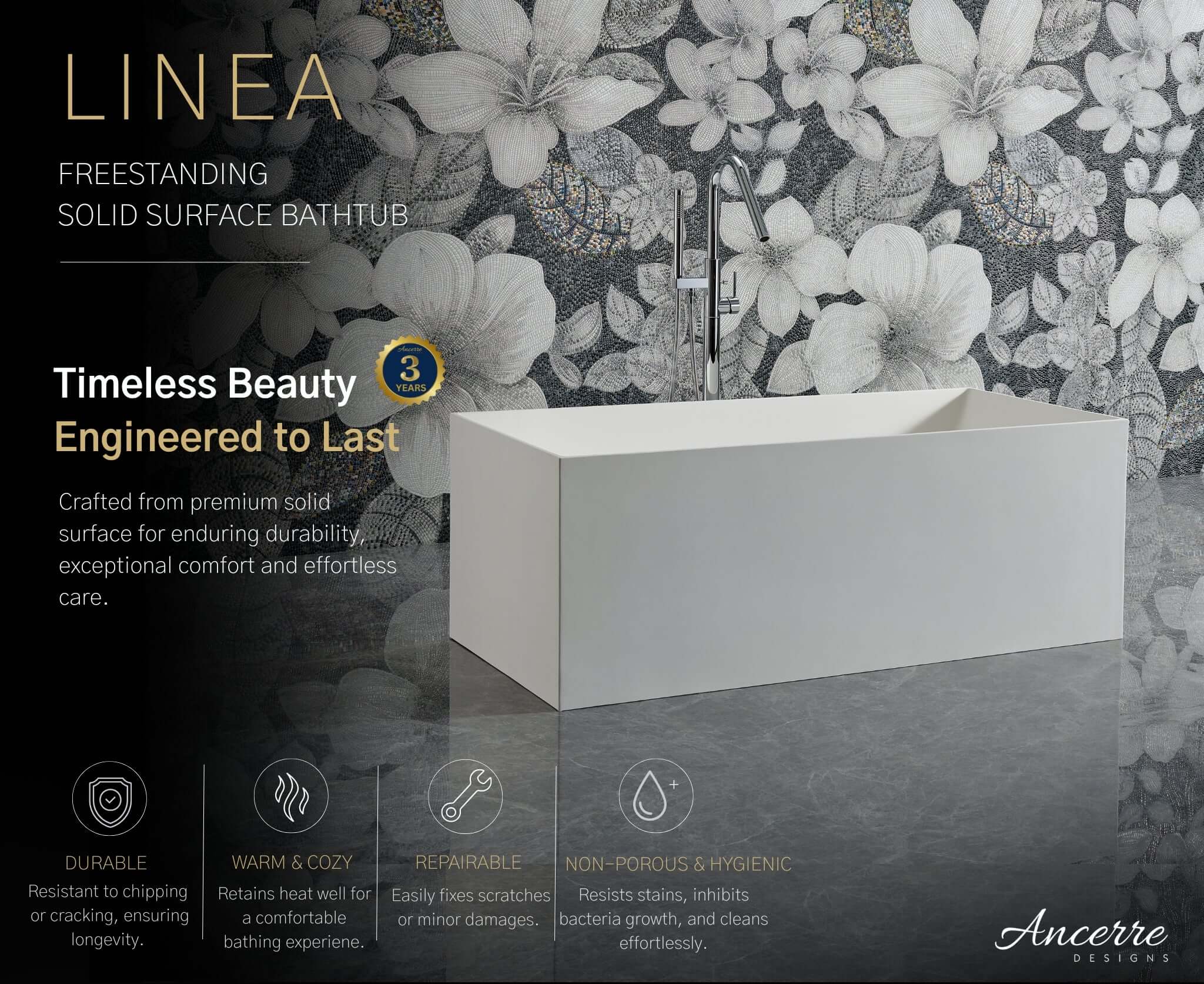 Linea Freestanding Solid Surface Bathtub by Ancerre Designs