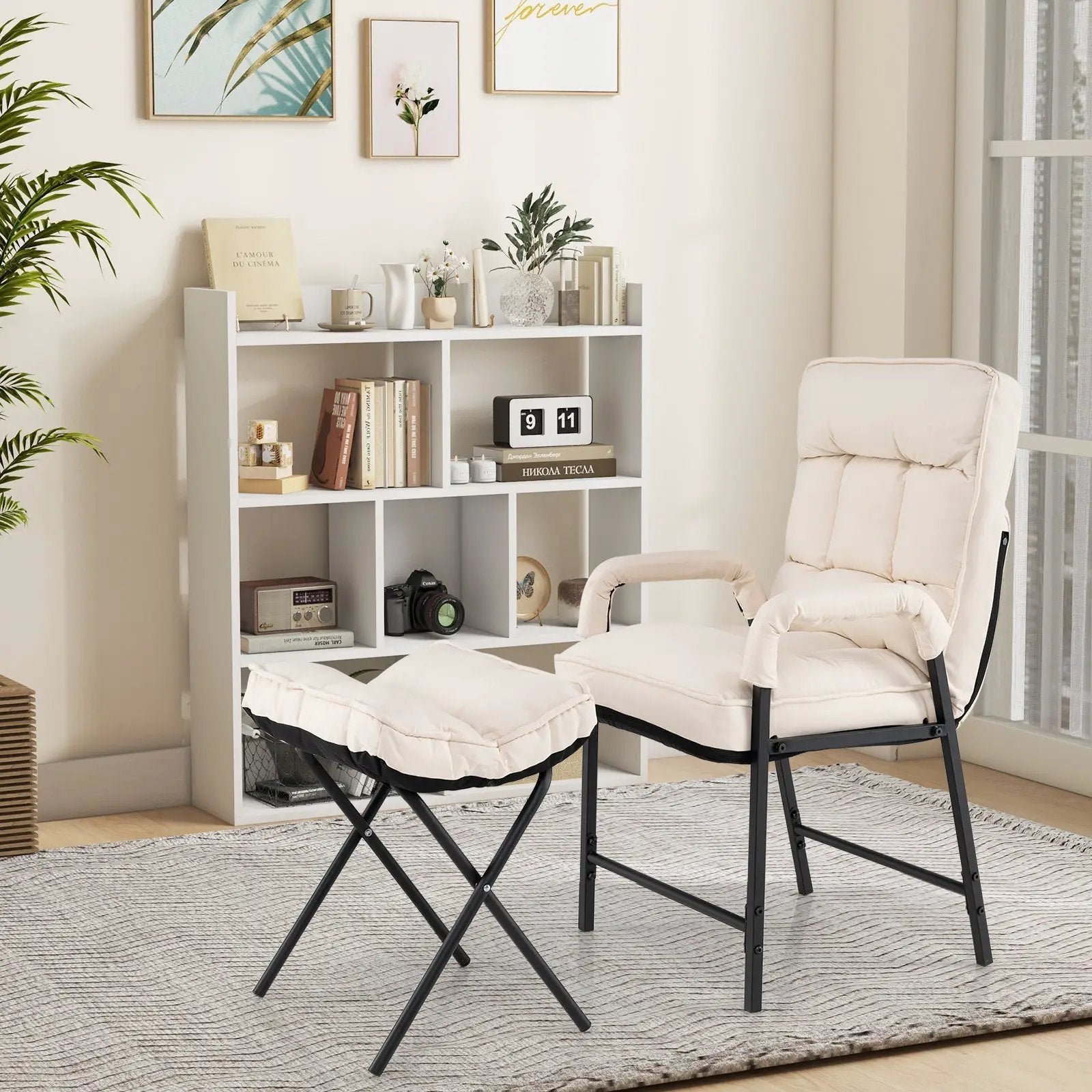 Linen Fabric Modern Accent Chair with Ottoman and Adjustable Backrest by DirectDeals