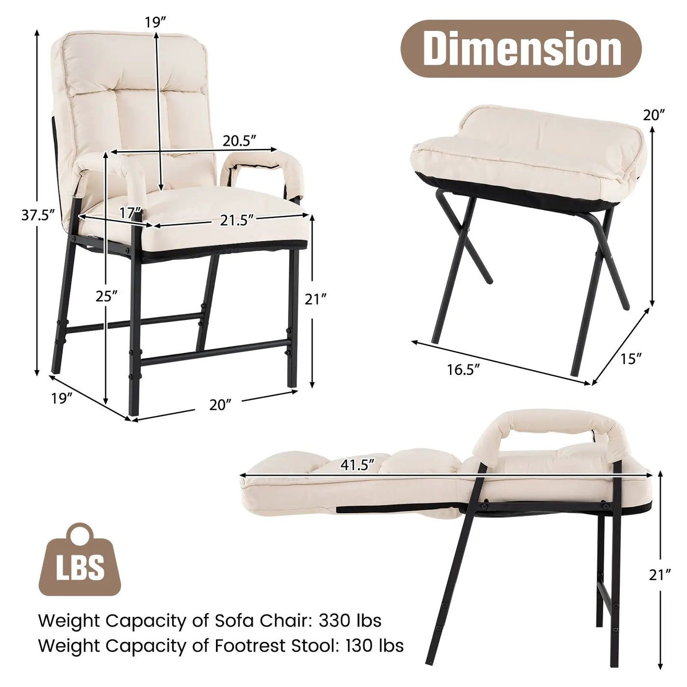 Linen Fabric Modern Accent Chair with Ottoman and Adjustable Backrest by DirectDeals
