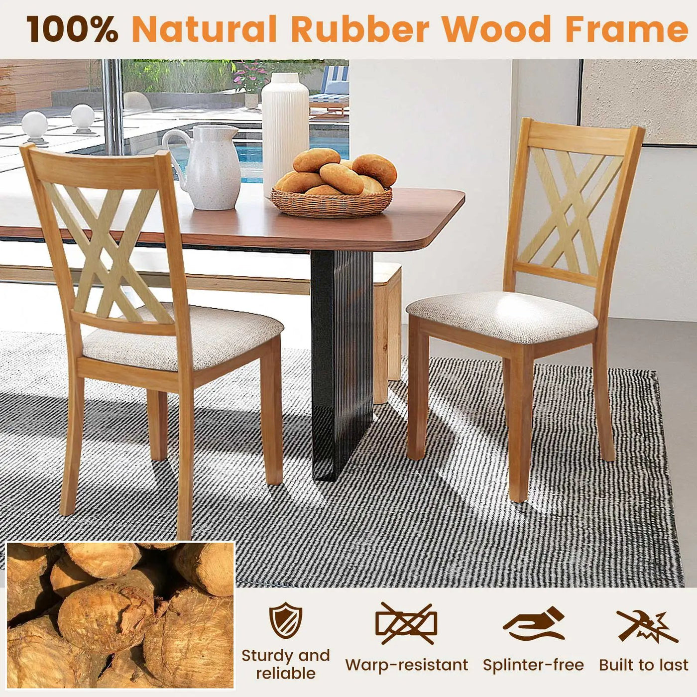 Linen Fabric Upholstered Wooden Dining Chair Set of 2 with Rubber Wood Frame for Dining Room by DirectDeals