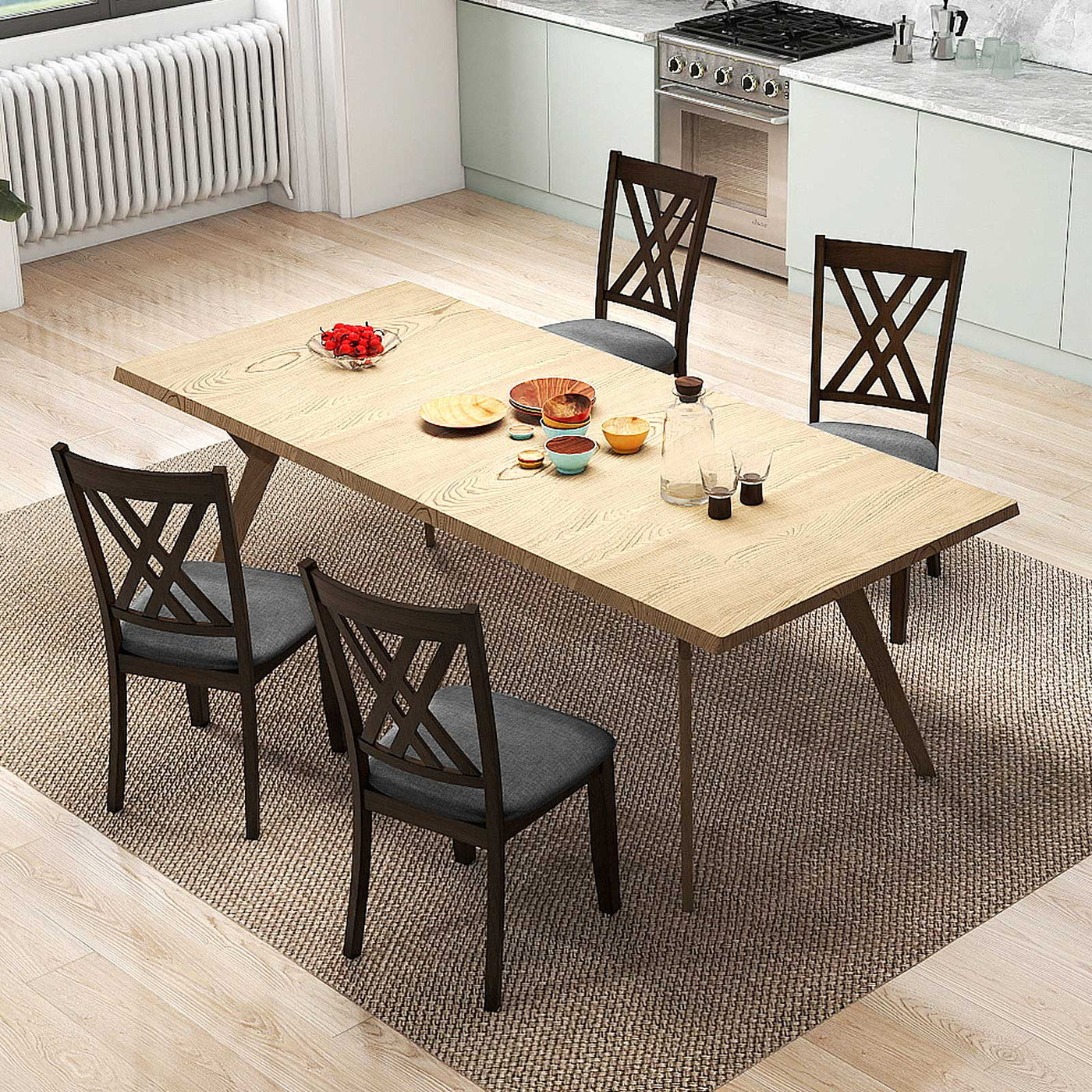 Linen Fabric Upholstered Wooden Dining Chair Set of 2 with Rubber Wood Frame for Dining Room by DirectDeals