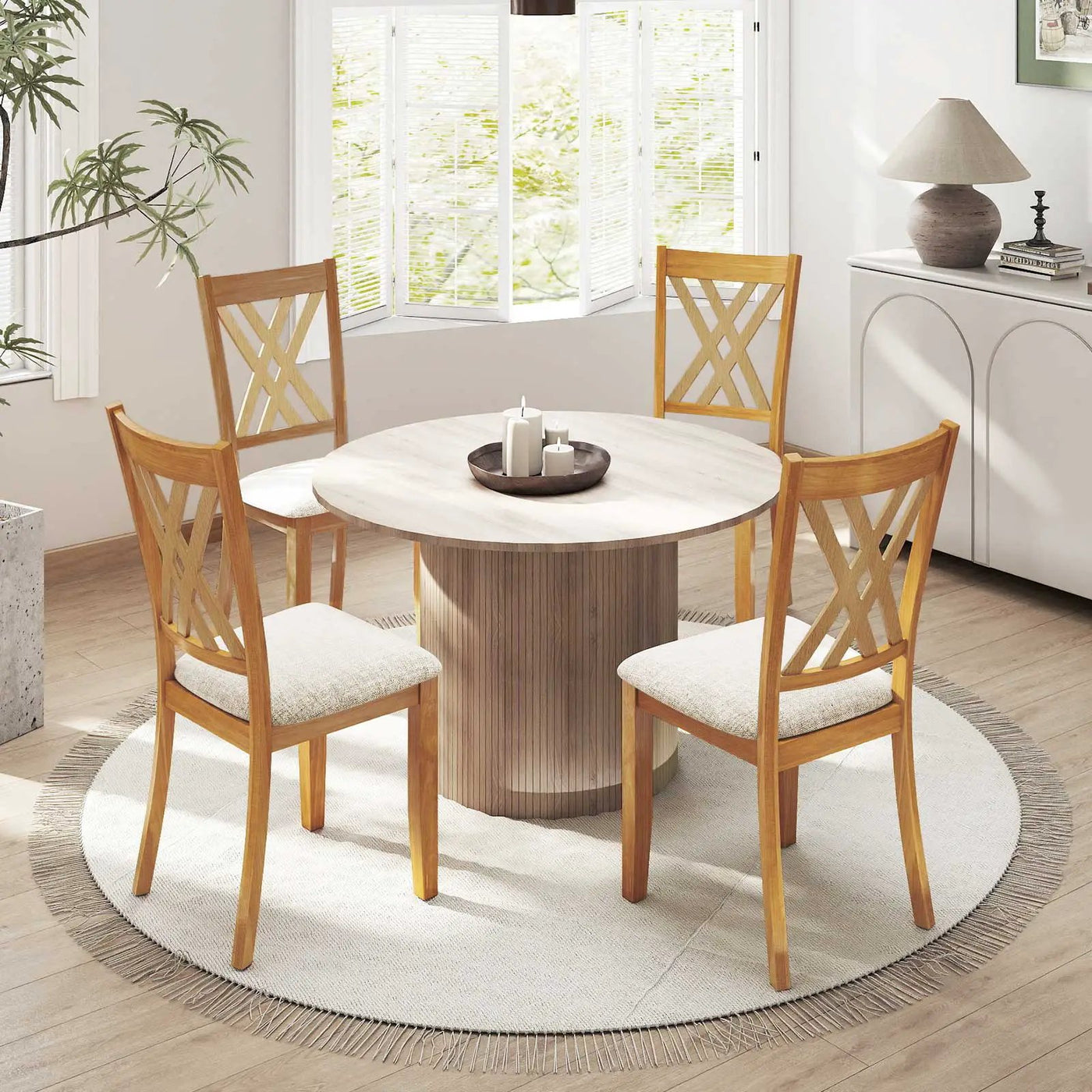 Linen Fabric Upholstered Wooden Dining Chair Set of 4 with Rubber Wood Frame for Dining Room by DirectDeals
