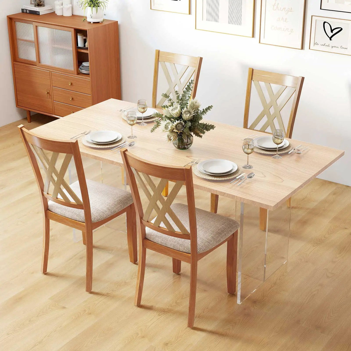 Linen Fabric Upholstered Wooden Dining Chair Set of 4 with Rubber Wood Frame for Dining Room by DirectDeals