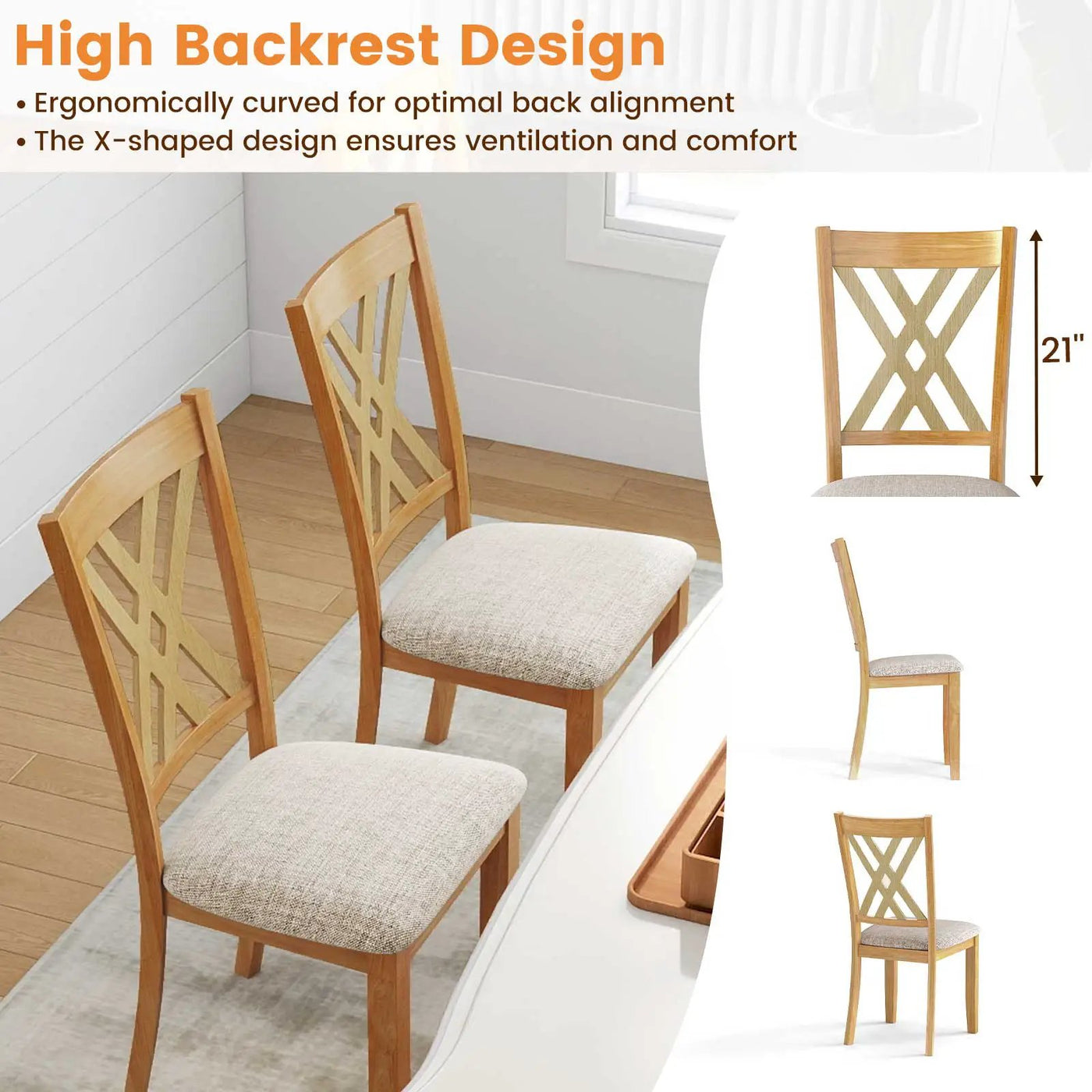Linen Fabric Upholstered Wooden Dining Chair Set of 4 with Rubber Wood Frame for Dining Room by DirectDeals