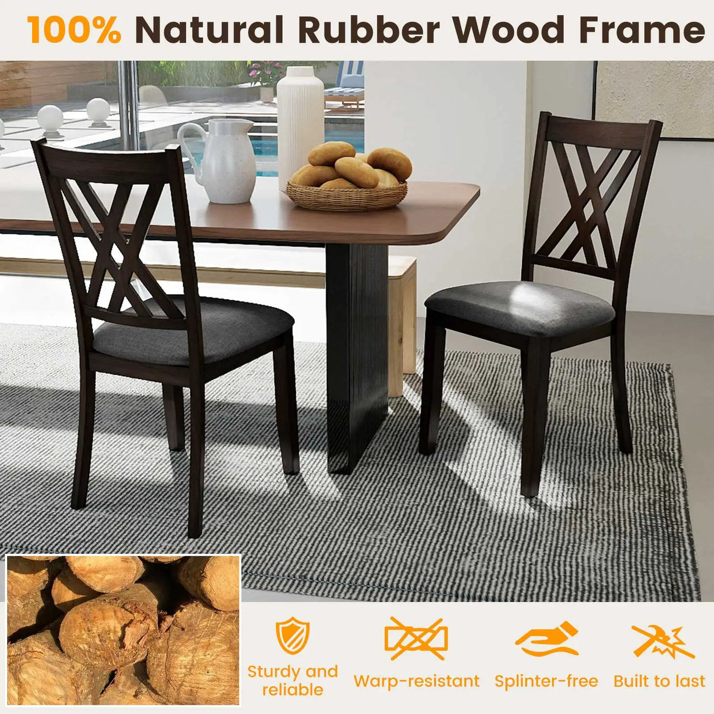 Linen Fabric Upholstered Wooden Dining Chair Set of 4 with Rubber Wood Frame for Dining Room by DirectDeals