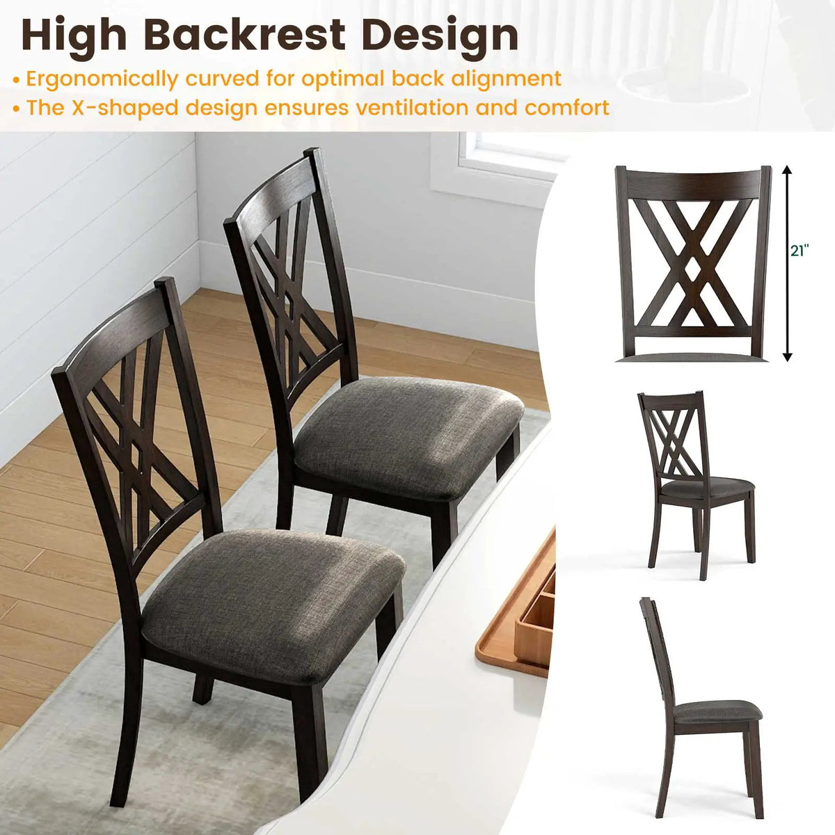 Linen Fabric Upholstered Wooden Dining Chair Set of 4 with Rubber Wood Frame for Dining Room by DirectDeals