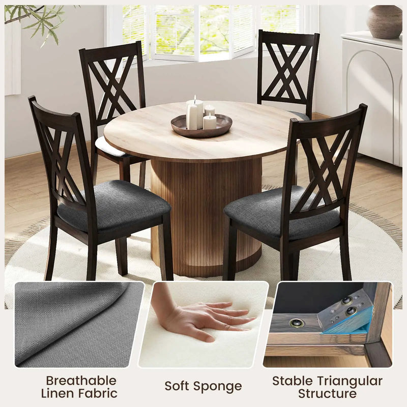 Linen Fabric Upholstered Wooden Dining Chair Set of 4 with Rubber Wood Frame for Dining Room by DirectDeals