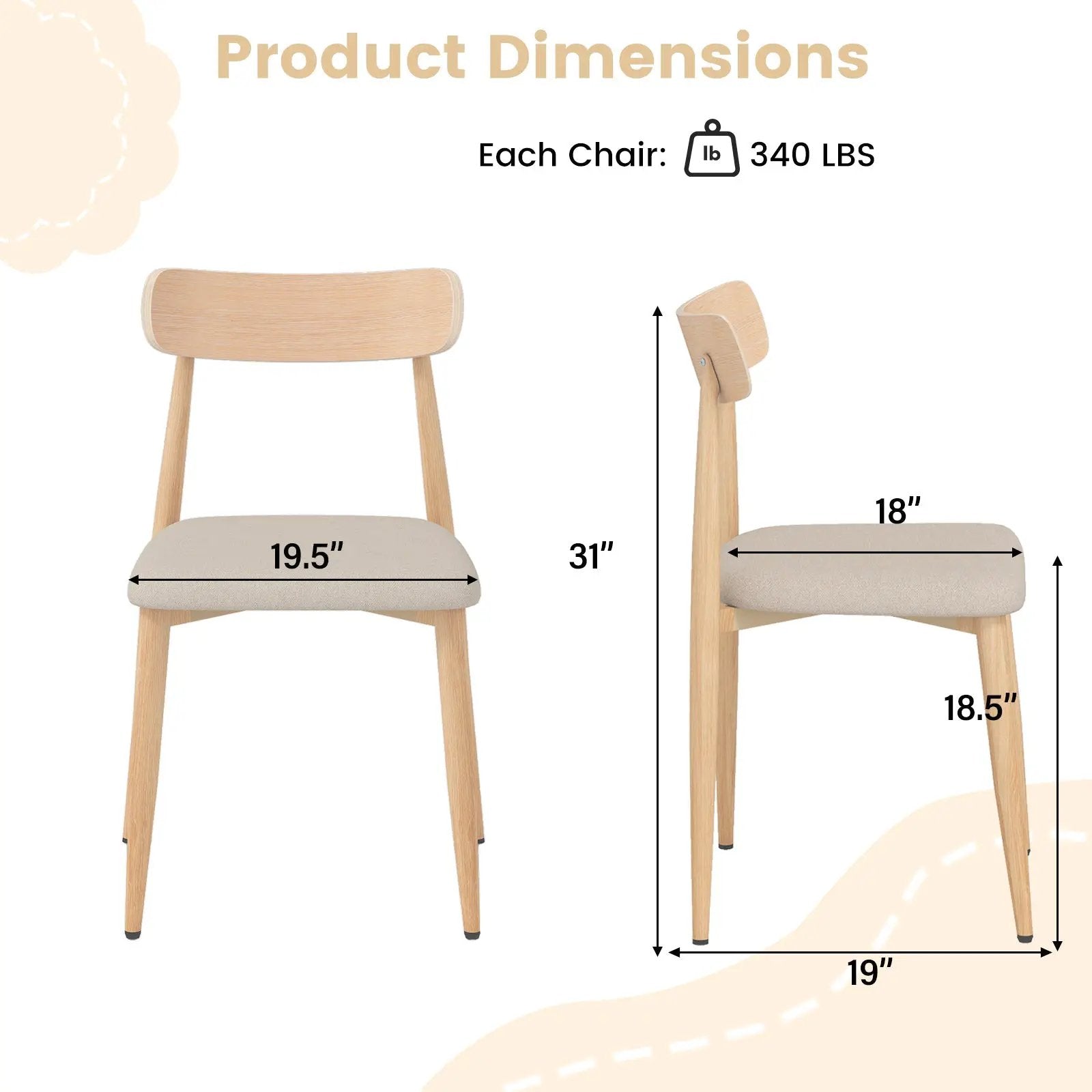 Linen Fabric Upholstered Modern Dining Chair Set of 4 with Padded Seat and Curved Back-Oak by DirectDeals