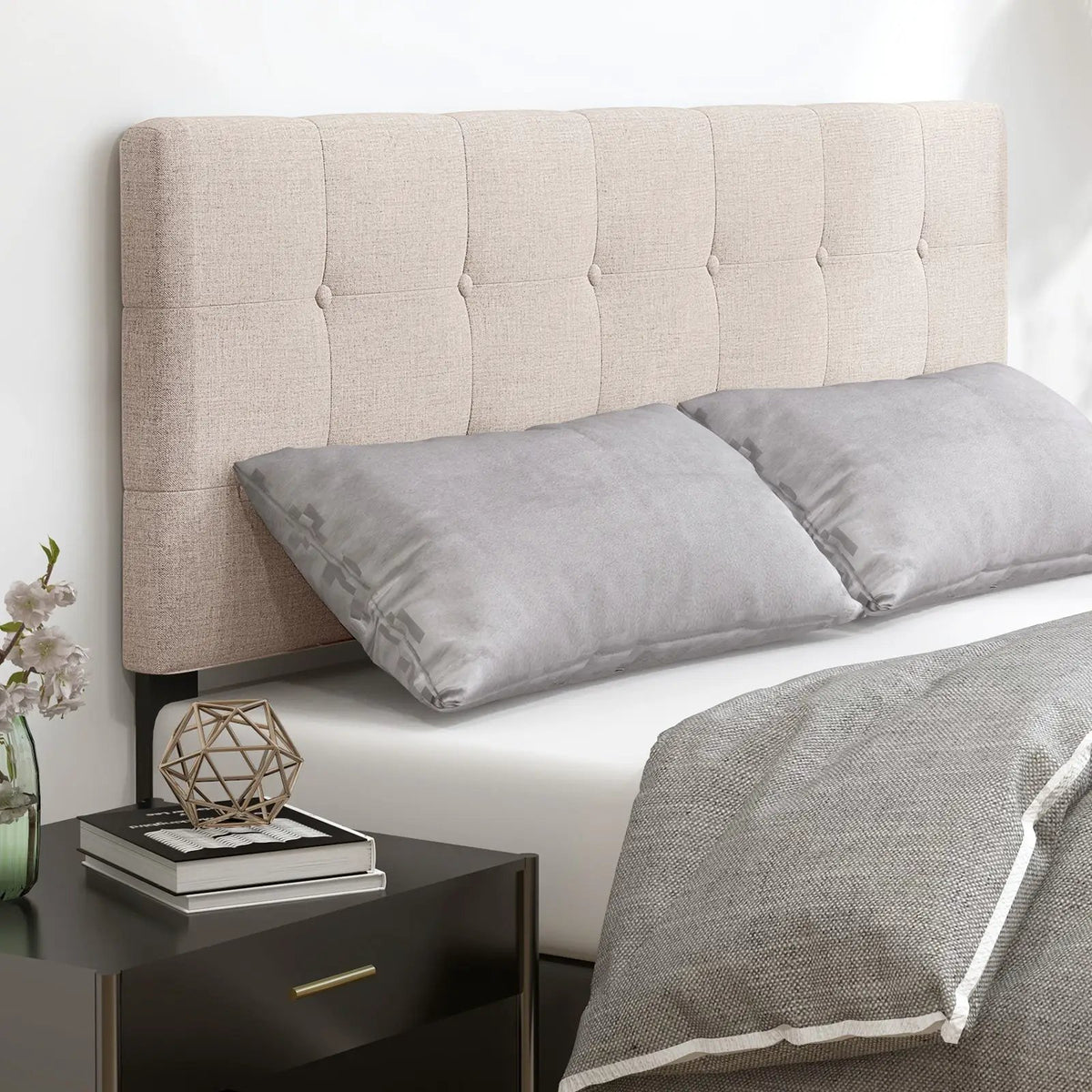 Linen Upholstered Headboard with Solid Rubber Wood Legs by DirectDeals