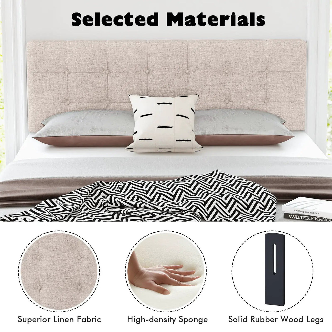 Linen Upholstered Headboard with Solid Rubber Wood Legs by DirectDeals