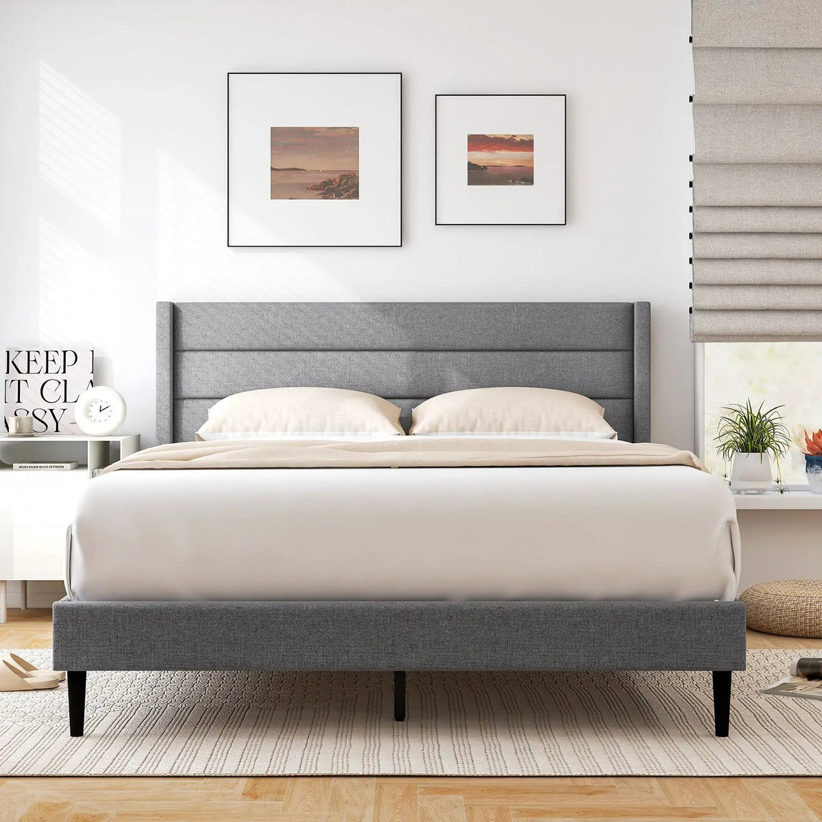 Linen Upholstered Platform Twin/Queen Bed Frame with Wingback Headboard by DirectDeals