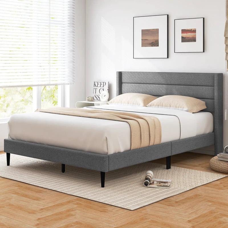 Linen Upholstered Platform Twin/Queen Bed Frame with Wingback Headboard by DirectDeals