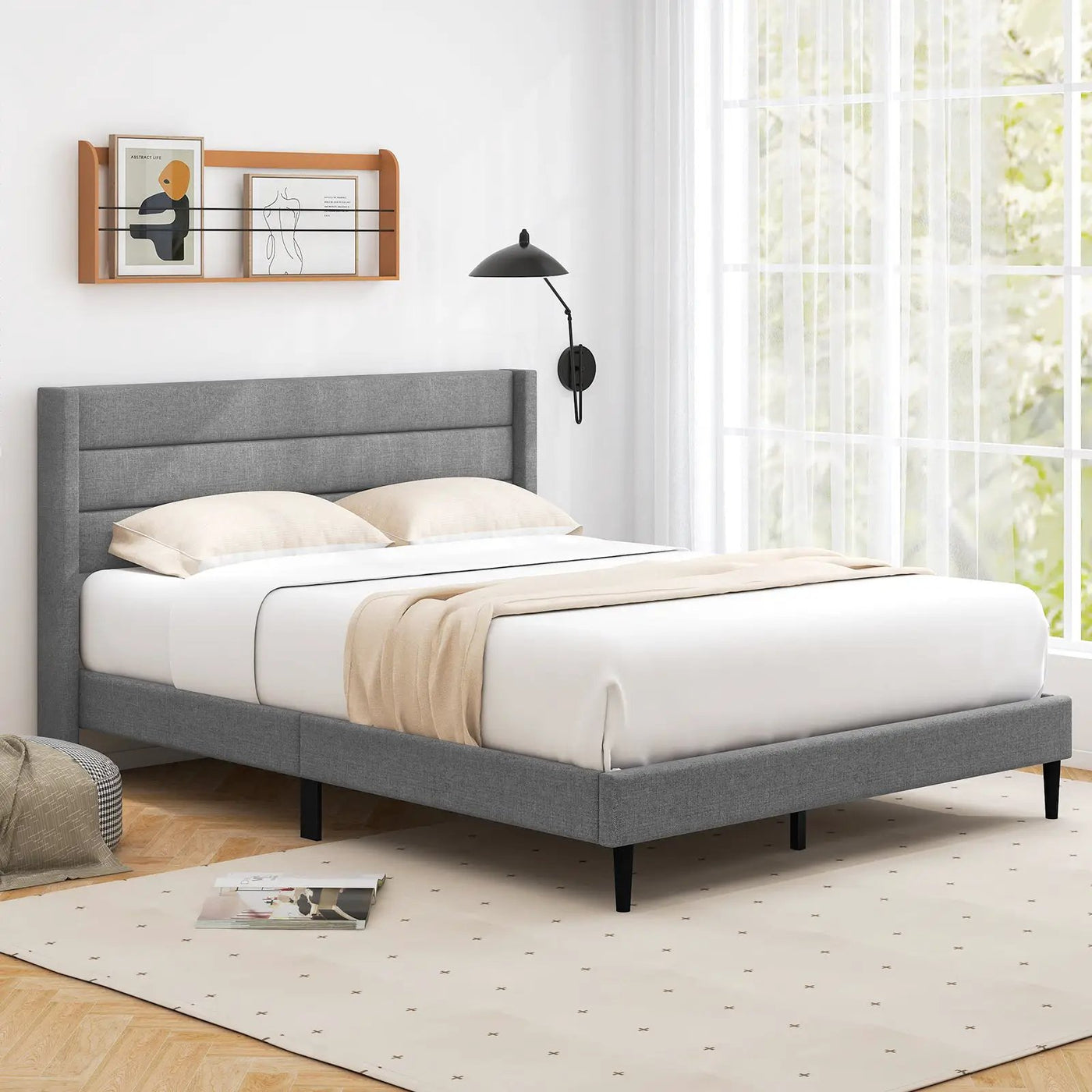 Linen Upholstered Platform Twin/Queen Bed Frame with Wingback Headboard by DirectDeals