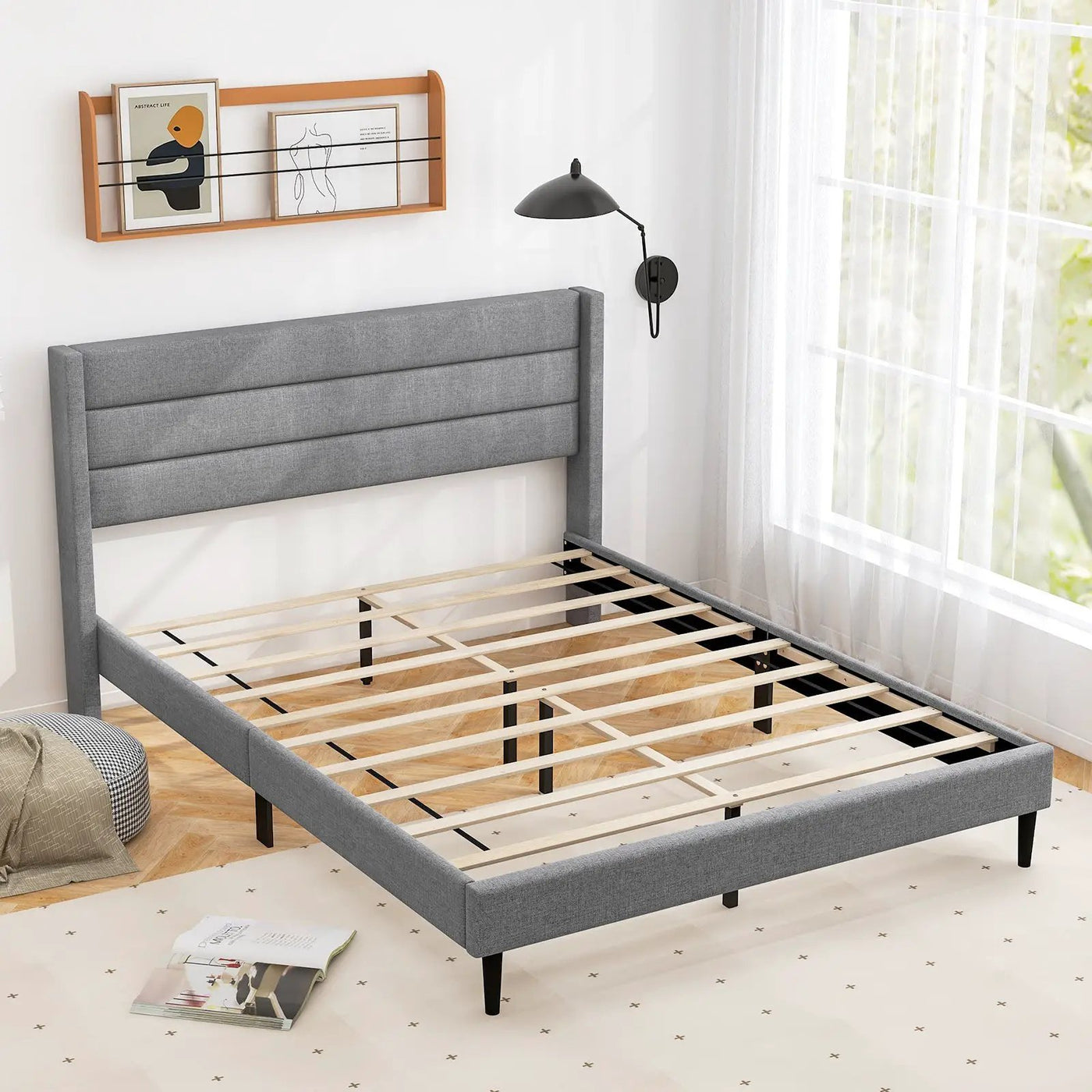 Linen Upholstered Platform Twin/Queen Bed Frame with Wingback Headboard by DirectDeals
