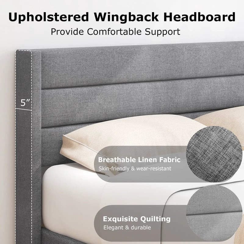 Linen Upholstered Platform Twin/Queen Bed Frame with Wingback Headboard by DirectDeals
