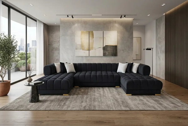Lipa Black Velvet Double Chaise "U" Shape Sectional Sofa