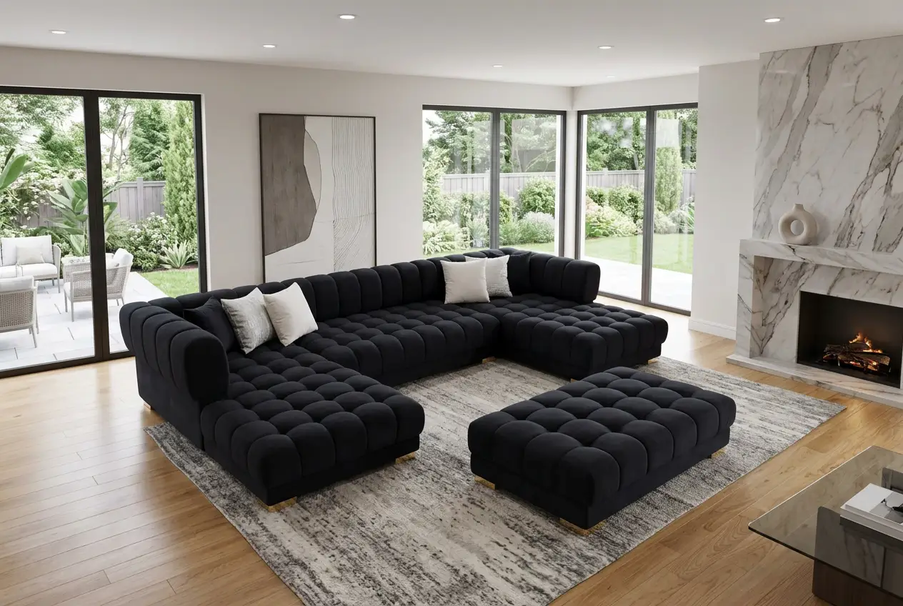 Lipa Black Velvet Double Chaise "U" Shape Sectional Sofa by Ornate Furniture