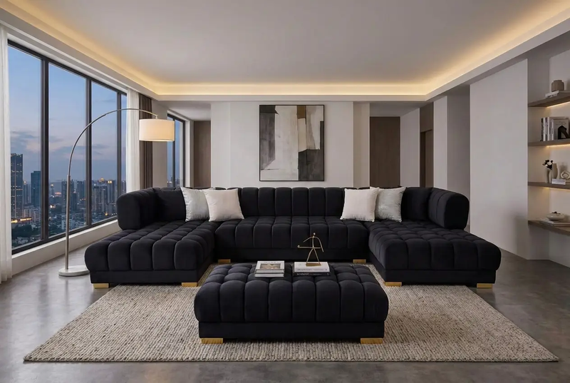 Lipa Black Velvet Double Chaise "U" Shape Sectional Sofa by Ornate Furniture
