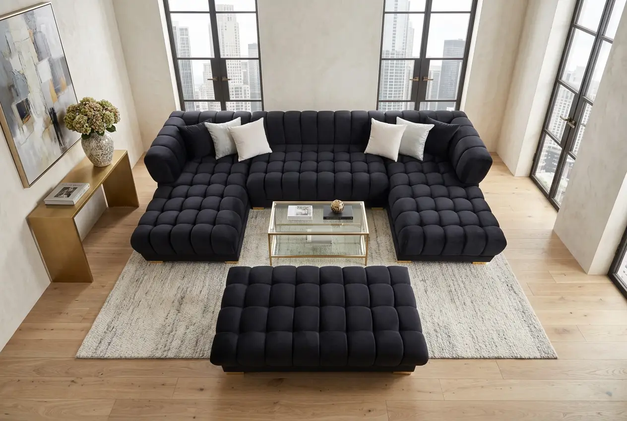 Lipa Black Velvet Double Chaise "U" Shape Sectional Sofa by Ornate Furniture