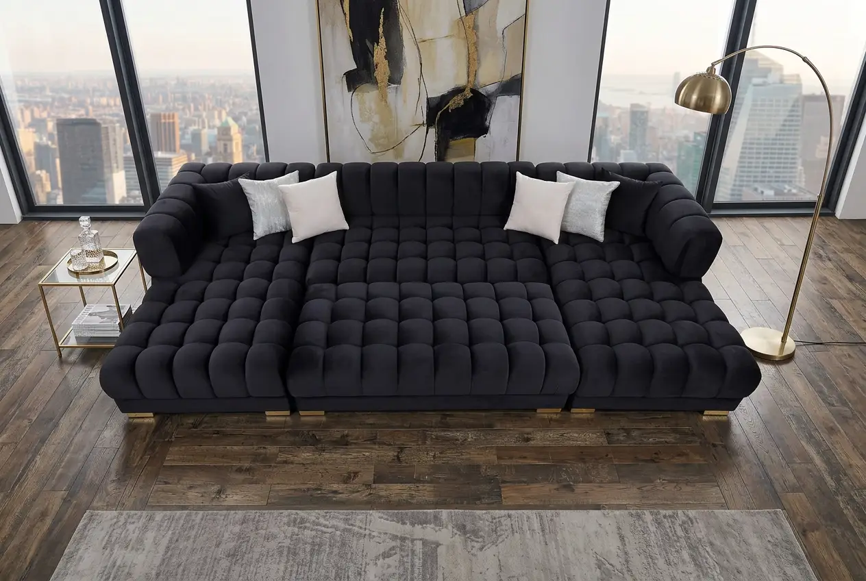 Lipa Black Velvet Double Chaise "U" Shape Sectional Sofa by Ornate Furniture
