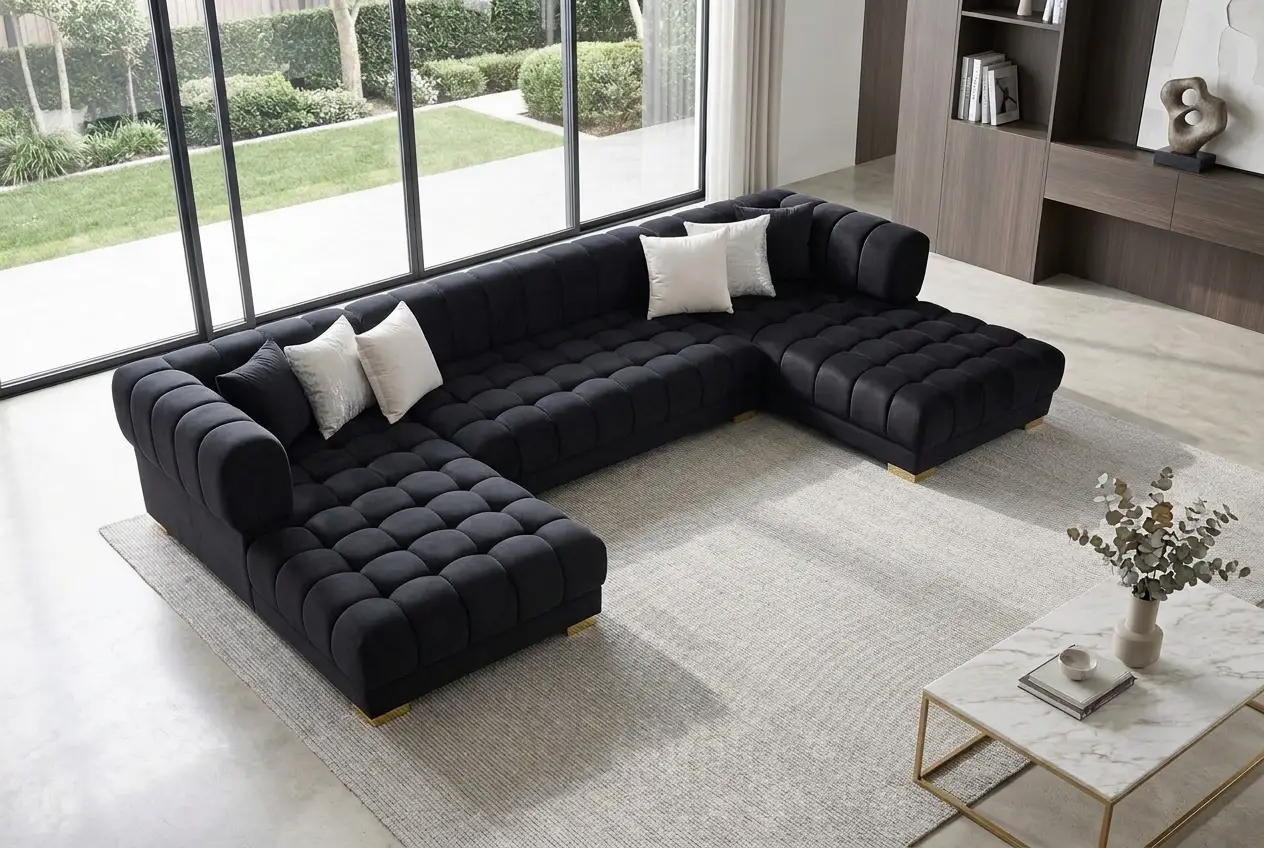 Lipa Black Velvet Double Chaise "U" Shape Sectional Sofa by Ornate Furniture