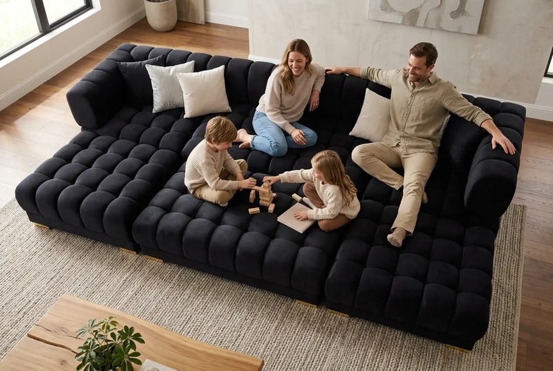 Lipa Black Velvet Double Chaise "U" Shape Sectional Sofa by Ornate Furniture