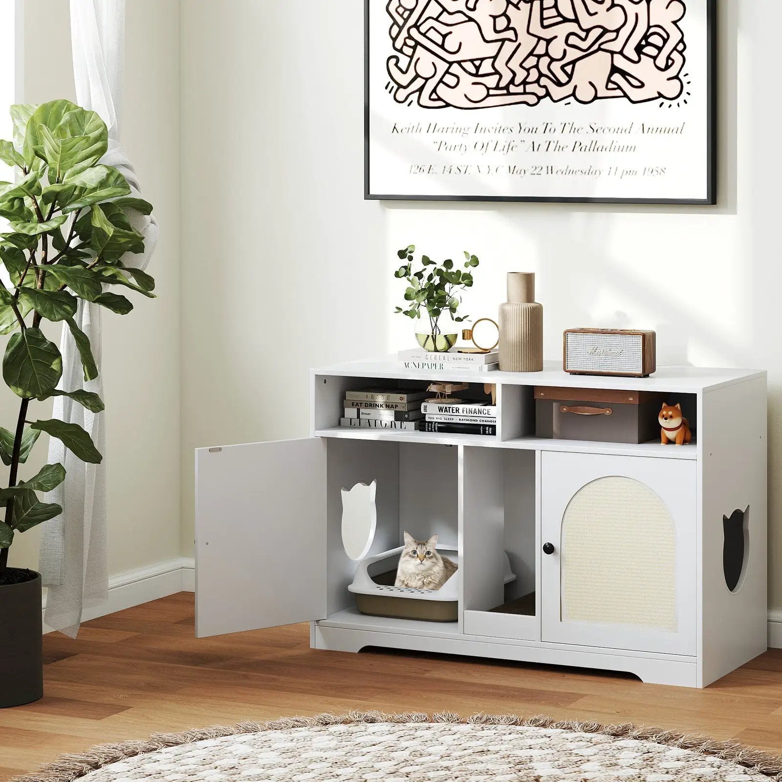 43 Inches Cat Litter Box Enclosure with Storage and Double Rooms-White by DirectDeals