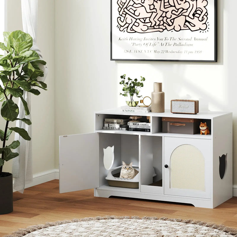 43 Inches Cat Litter Box Enclosure with Storage and Double Rooms-White by DirectDeals