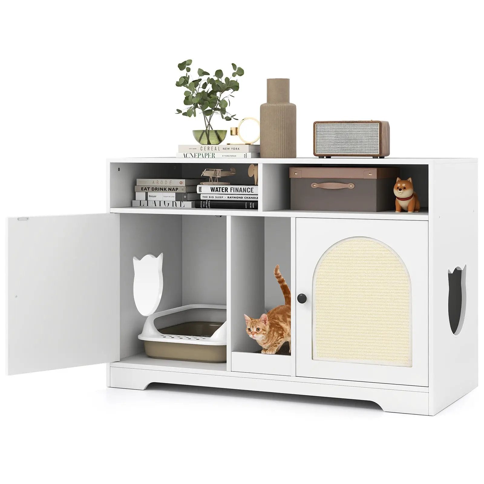 43 Inches Cat Litter Box Enclosure with Storage and Double Rooms-White by DirectDeals