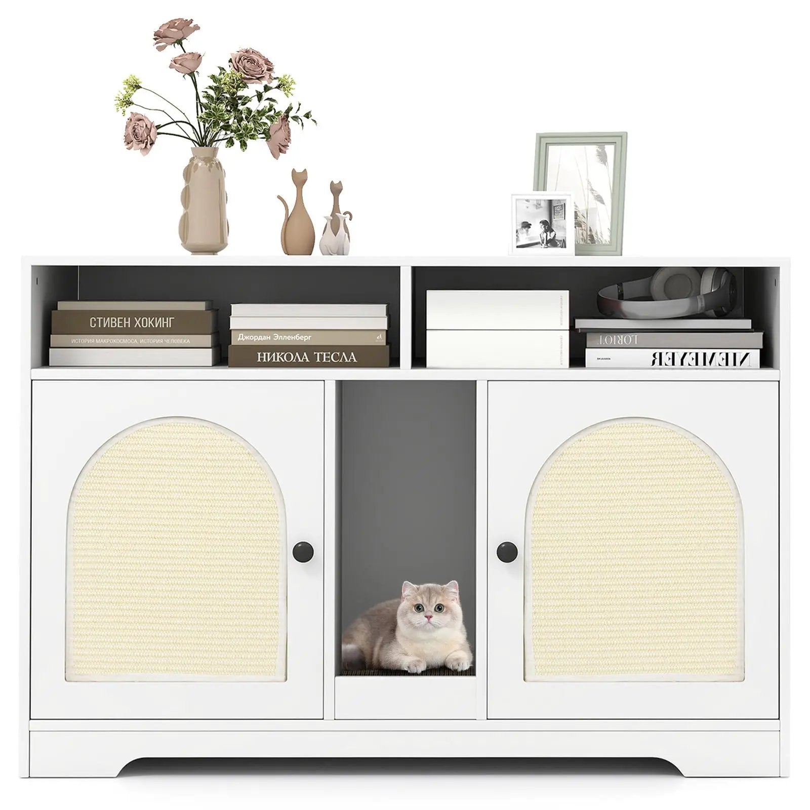 43 Inches Cat Litter Box Enclosure with Storage and Double Rooms-White by DirectDeals