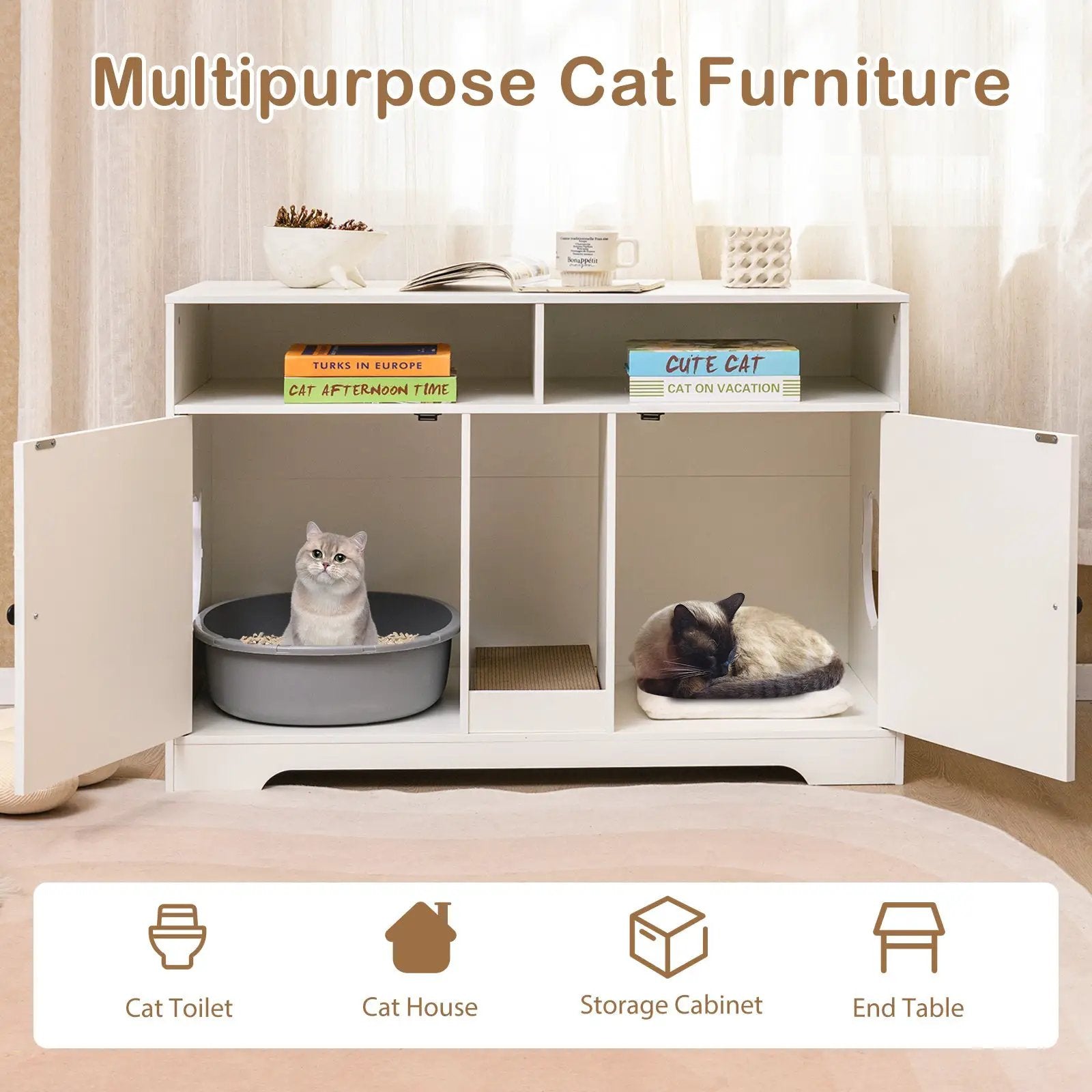 43 Inches Cat Litter Box Enclosure with Storage and Double Rooms-White by DirectDeals