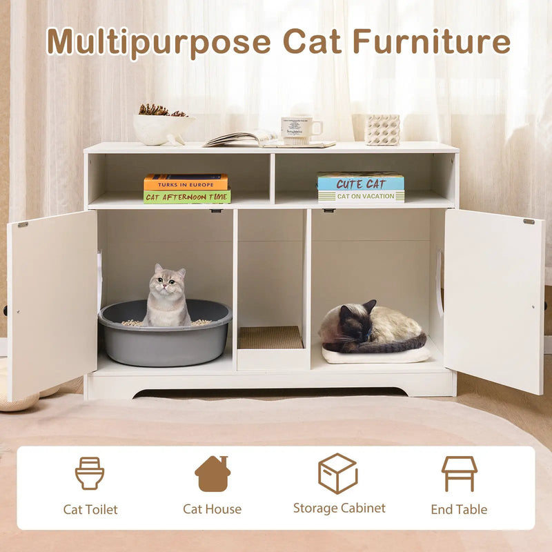 43 Inches Cat Litter Box Enclosure with Storage and Double Rooms-White by DirectDeals