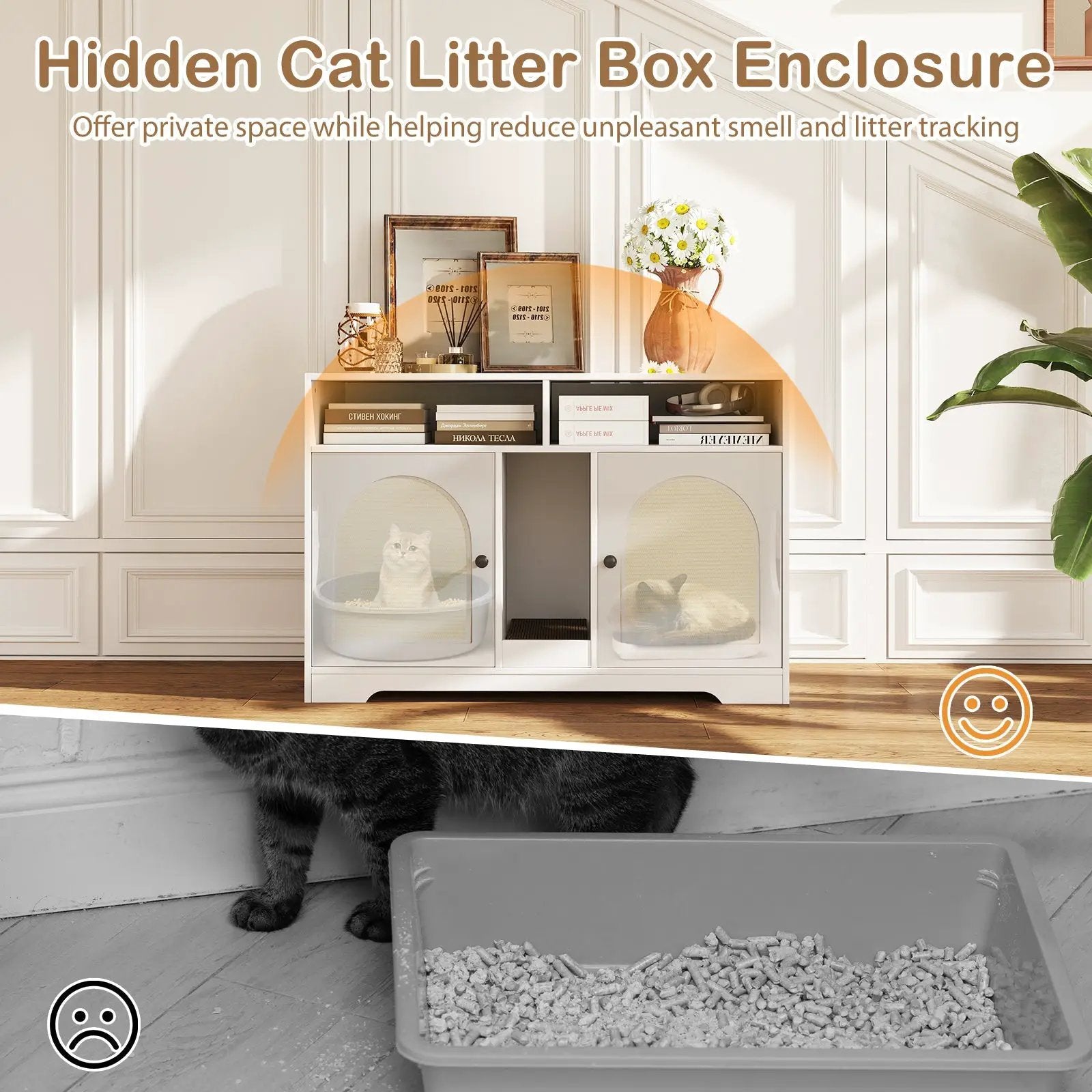 43 Inches Cat Litter Box Enclosure with Storage and Double Rooms-White by DirectDeals
